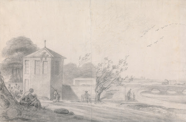 Riverside Scene with Figures Hexagonal Building Left and Horse Drawn Wagon Cross