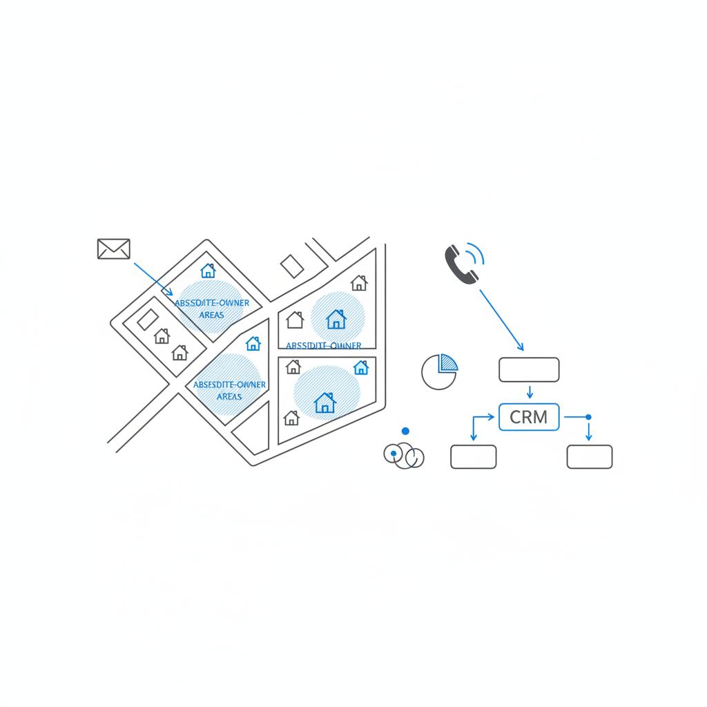Minimal 2D vector sketch of a neighborhood map with highlighted absentee-owner zones, mailer and phone-tracking icons flowing into a CRM diagram &mdash; property management leads