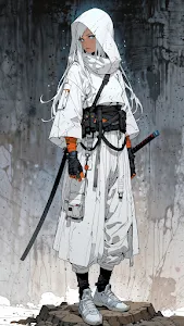White Hooded Warrior with Katana in Ruins