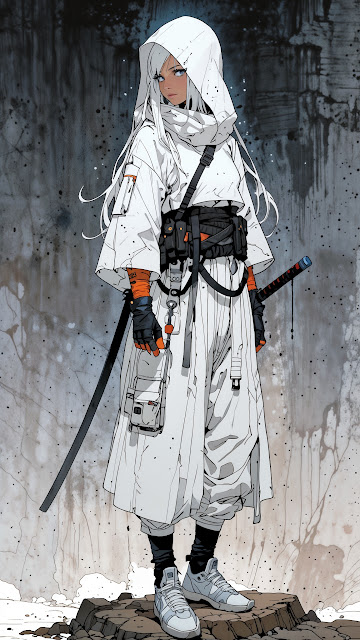 White Hooded Warrior with Katana in Ruins - Free mobile Wallpaper