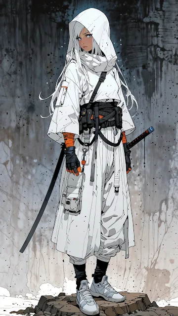 White Hooded Warrior with Katana in Ruins