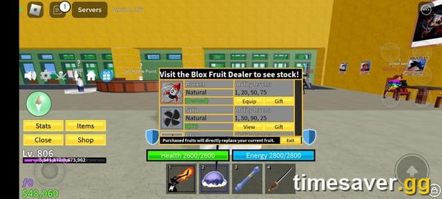The in-game Blox Fruit Dealer purchase interface showing fruit stock and prices
