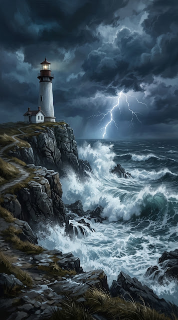 Dramatic Stormy Cliffside Lighthouse with Crashing Ocean Waves - Free mobile Wallpaper