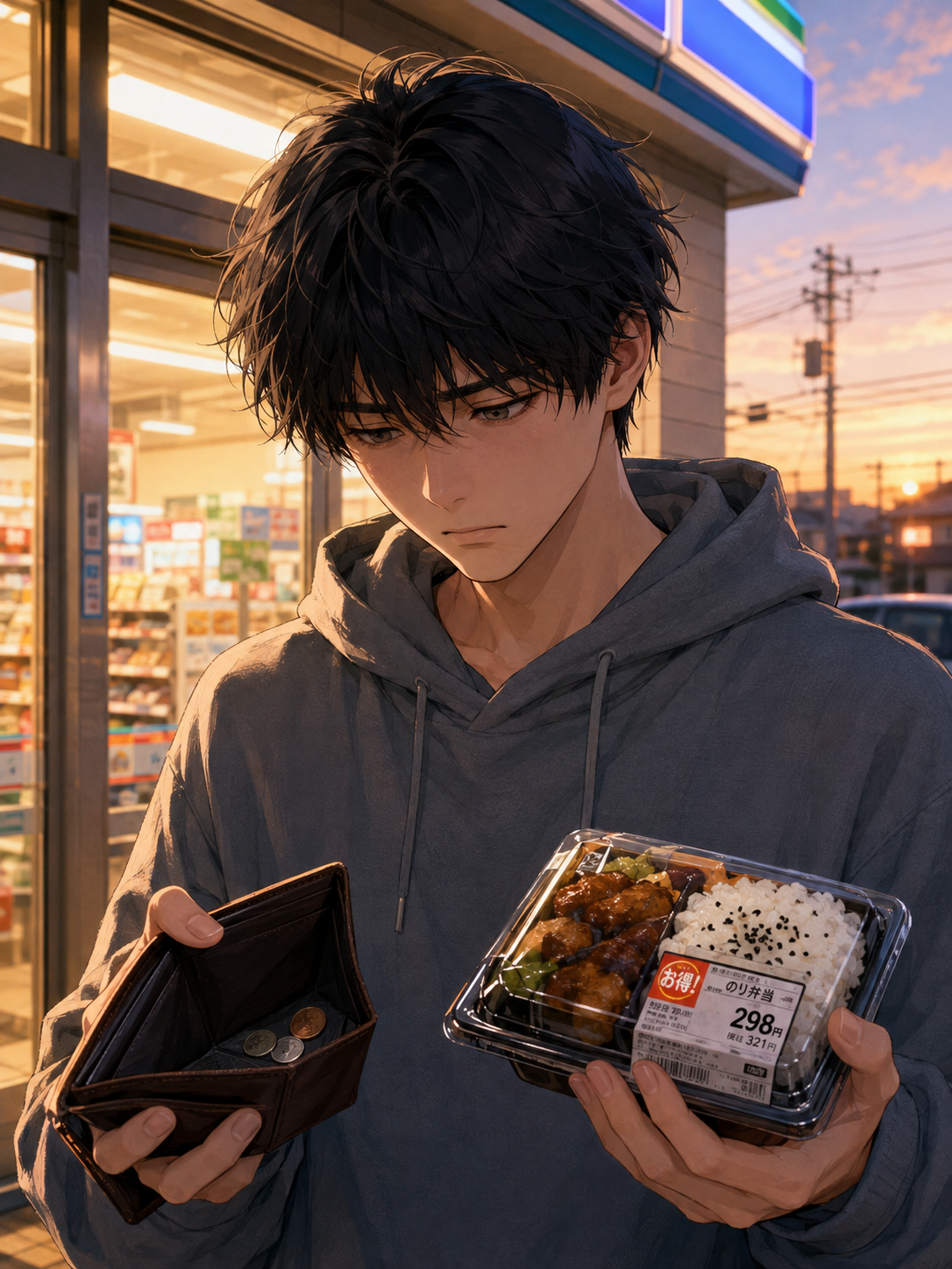 コンビニで財布の中身と弁当を見比べる姿