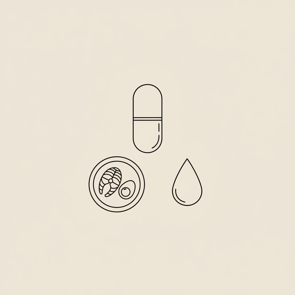 Minimal Tonum-style line illustration of a capsule, plate with fish fillet and egg, and a water droplet on beige background representing best appetite suppressants