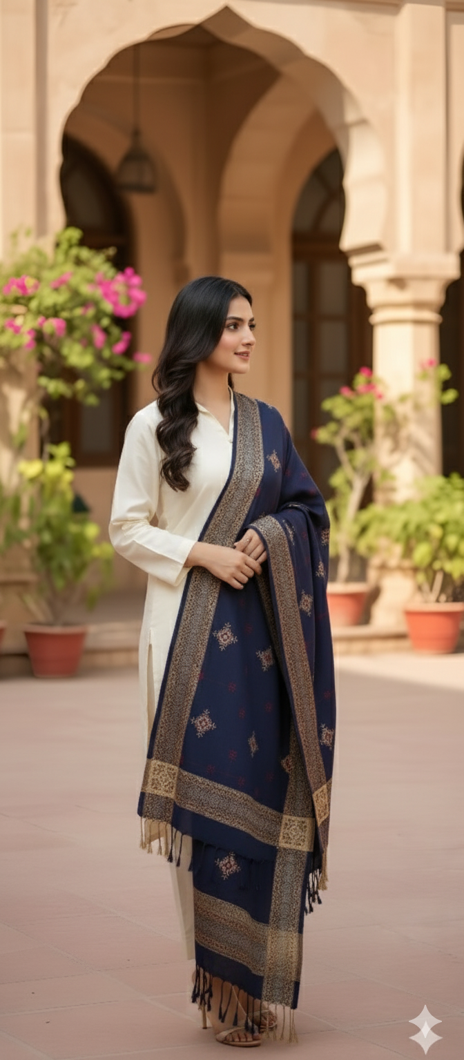 Hand-Woven Patterned Blue Wool Shawl | Elegant Jacquard Style Winter Wrap