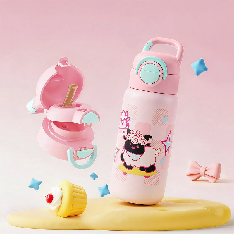 Children's thermos bottle with suction cup and straw