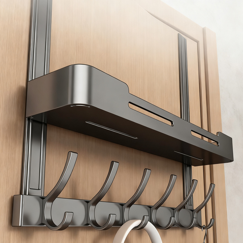 Aluminum door hook, double-layered, drill-free