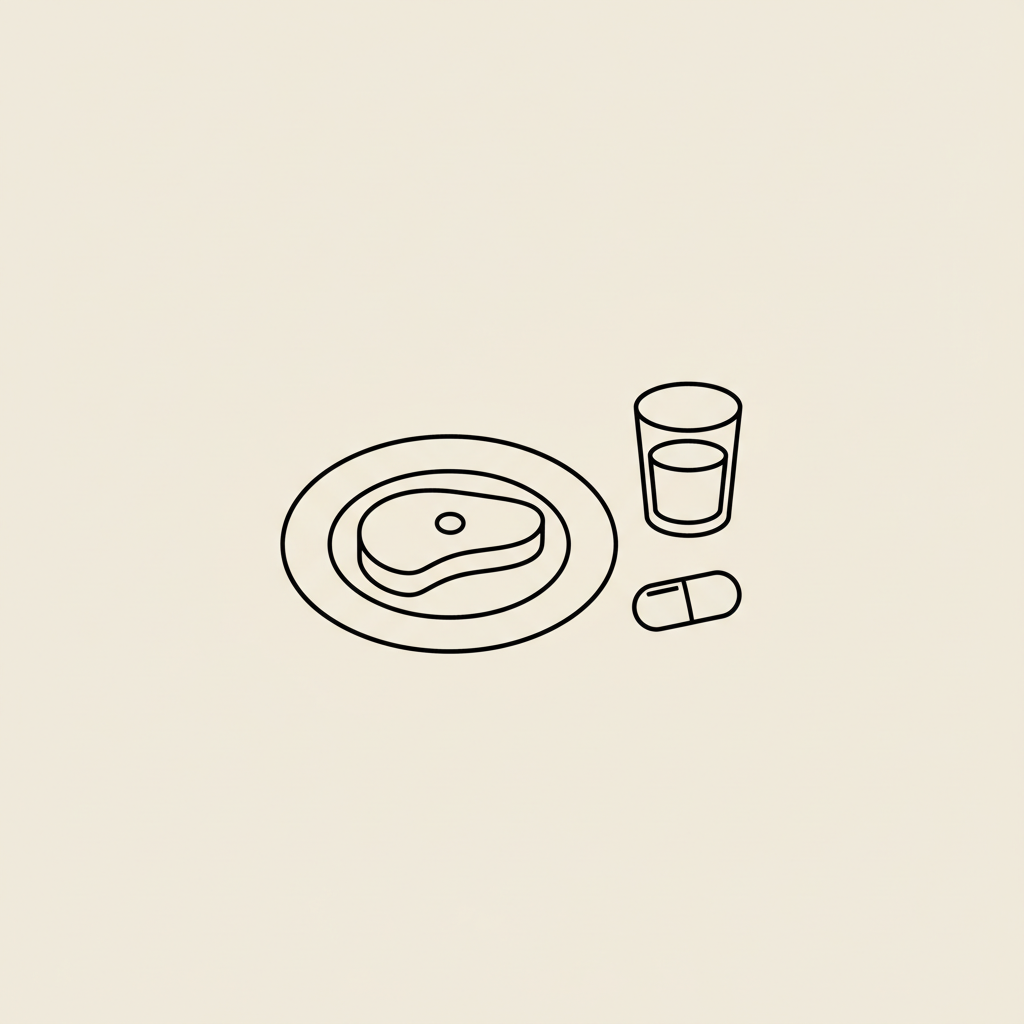 Minimal Tonum-style line illustration of a plate with a protein portion, a supplement capsule and a small water glass on a beige background, referencing mass gainer belly fat