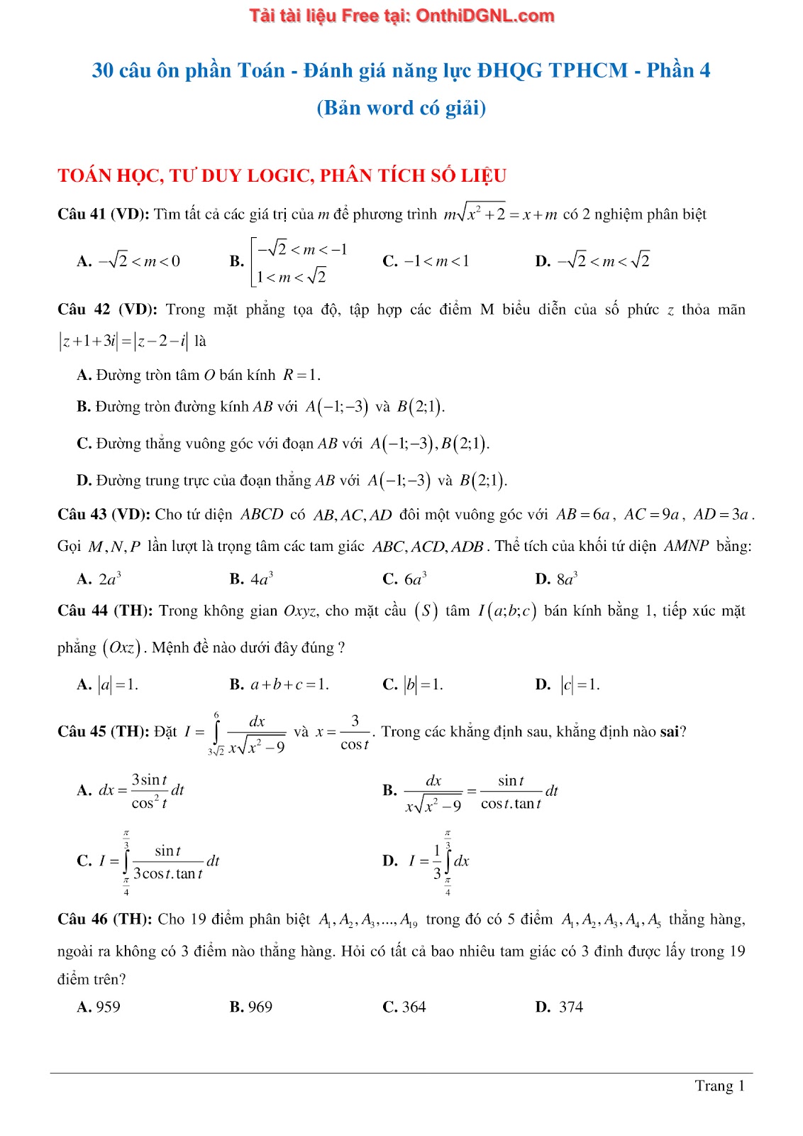900 bài tập môn Toán - Ôn thi ĐGNL ĐHQG TP HCM Phần 4