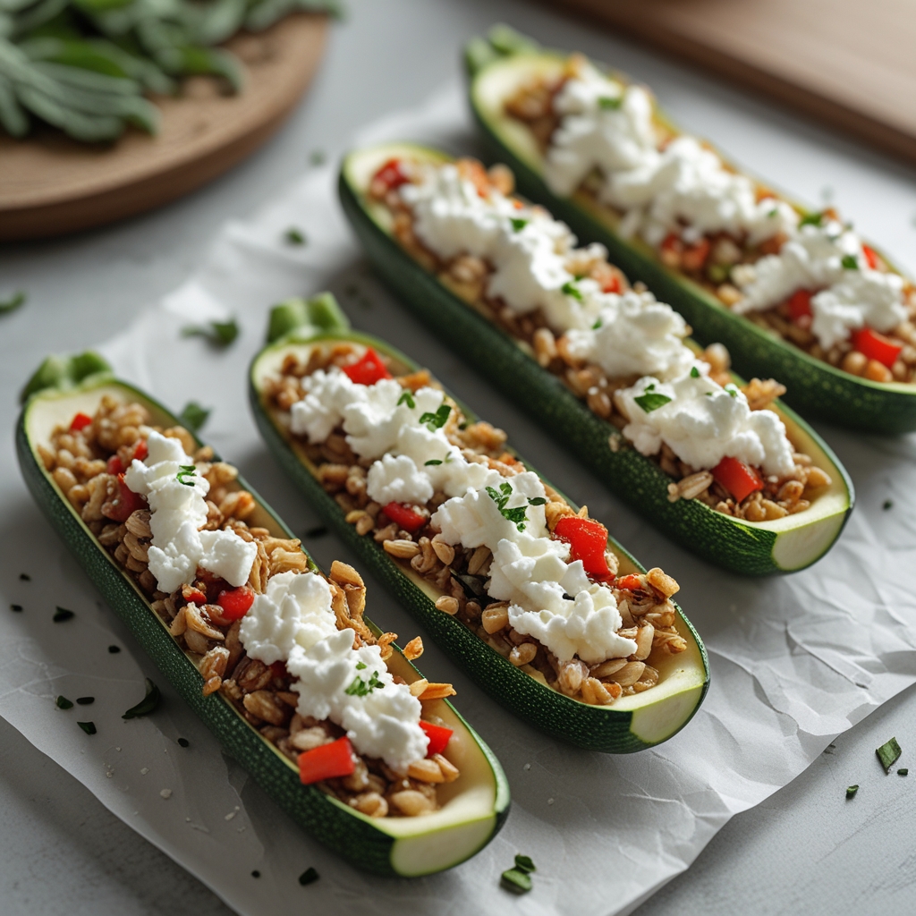 Roasted Red Pepper & Farro Stuffed Zucchini Boats with Whipped Goat Cheese