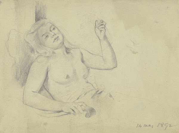 Lagernde junge Frau sich in einem Spiegel betrachtend 1892