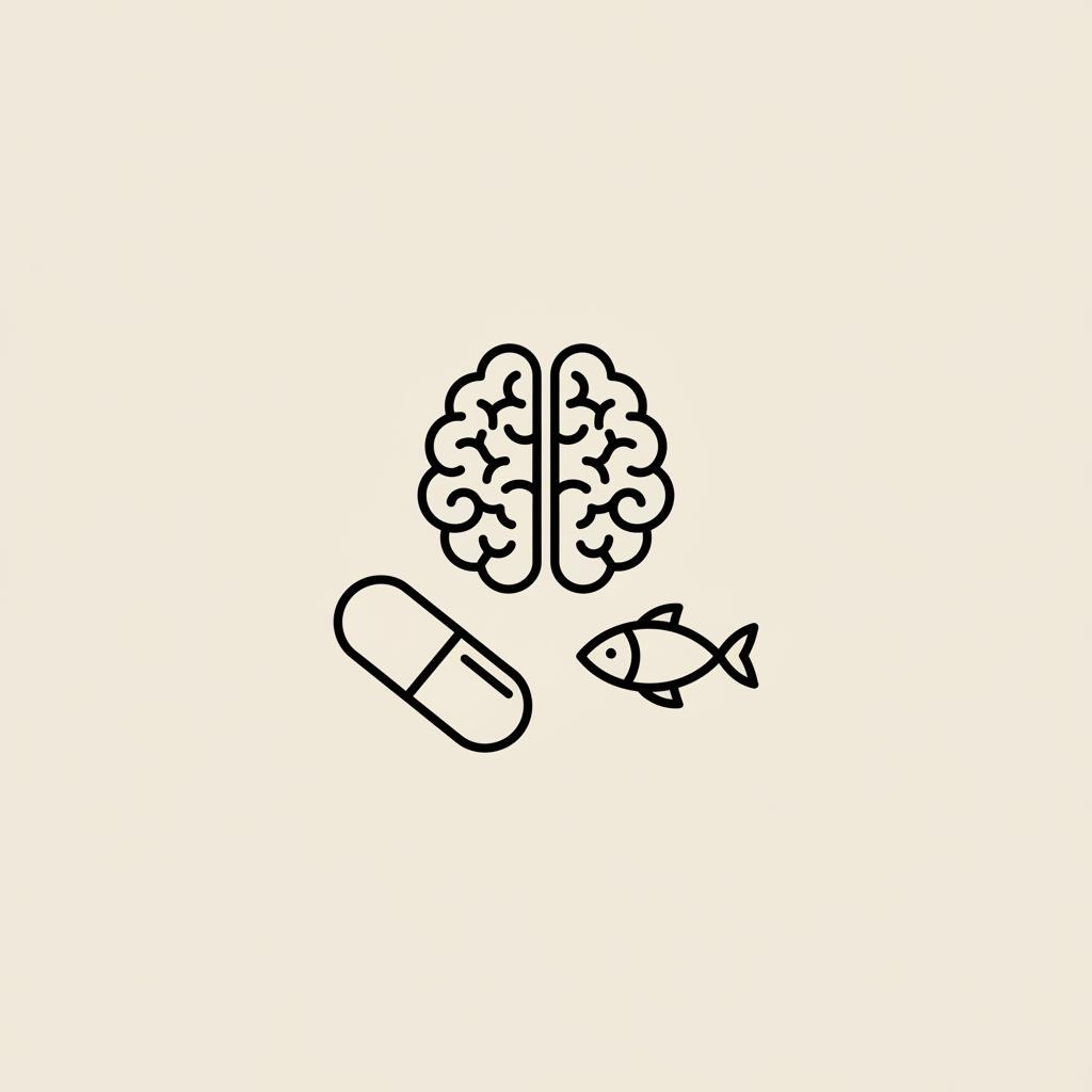 Minimalist line illustration of a capsule, fish silhouette and simplified brain on a beige background, representing supplements for brain fog