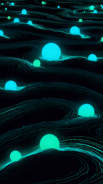 Abstract Glowing Cyan Orbs on Wavy Dark Lines - Free mobile Wallpaper
