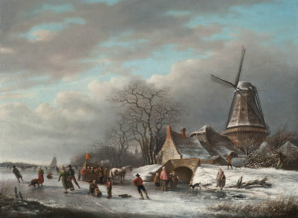Skaters on a Dutch waterway by a windmill