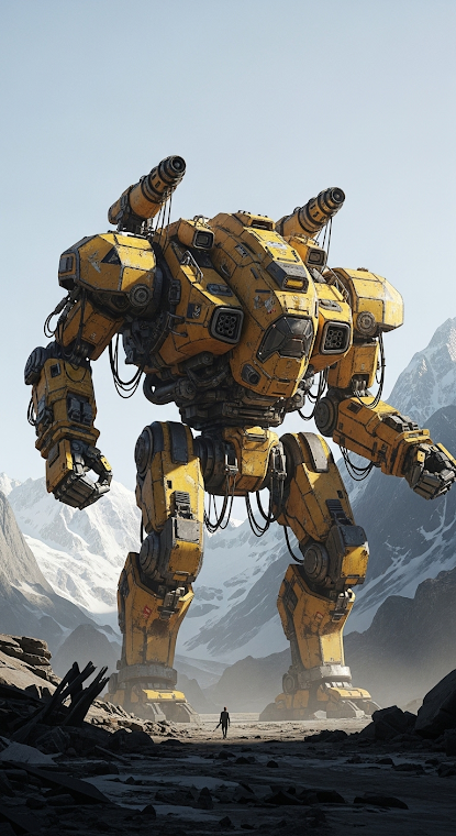 Colossal Yellow Mech in Mountains