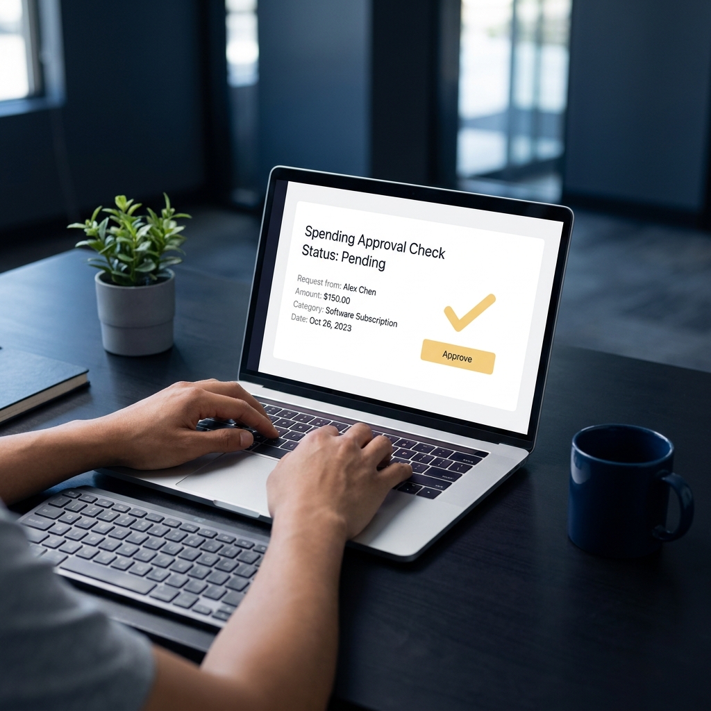 Person at modern workspace viewing laptop with simulated spending approval message on screen in Funded Plays palette showing american express odds