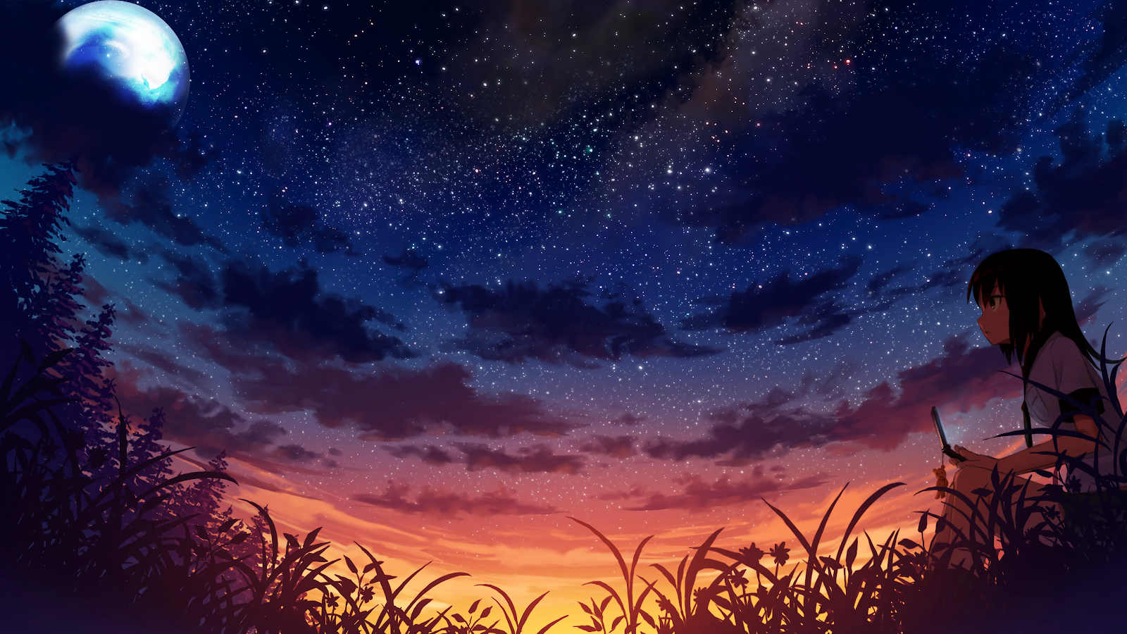 Night Sky, Anime Girl, Star Field, Sunset Gradient 4K Wallpaper Background (3840x2160)