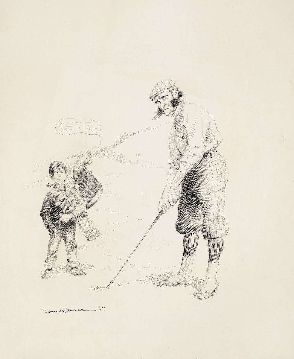 A man golfing looking worried 1897