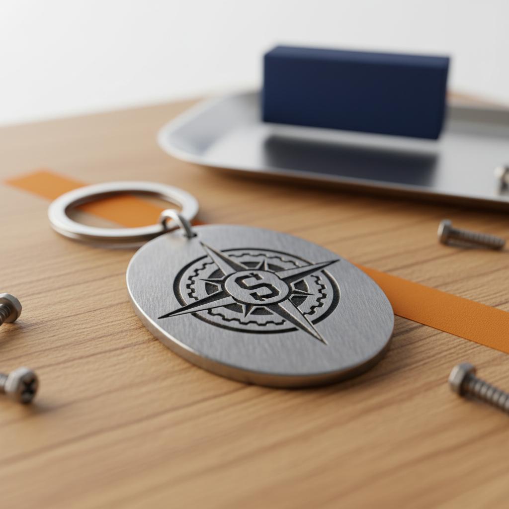 Nahaufnahme eines personalisierten Metall-Schlüsselanhängers mit präziser Gravur auf Holzoberfläche, warme Beleuchtung, minimalistisch, emotionale Präsenz
