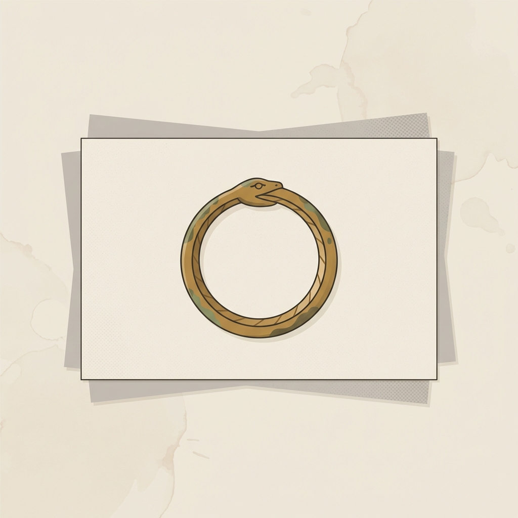 Minimal 2D vector of a small ouroboros ring with visible patina resting on a blank catalog card with layered conservation paper elements on warm beige background ouroboros ring meaning