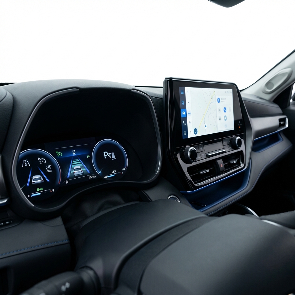 Close up of Toyota Highlander dashboard with infotainment screen and driver assist icons highlighting features used toyota highlander for sale