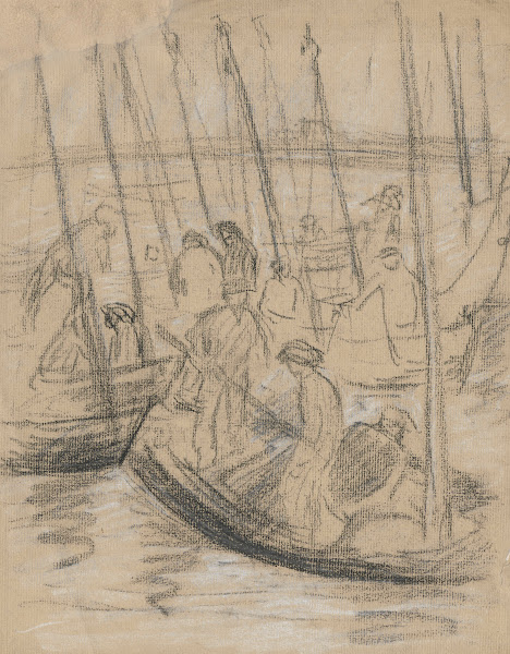 Żaglówki z rybakami w przystani 1910