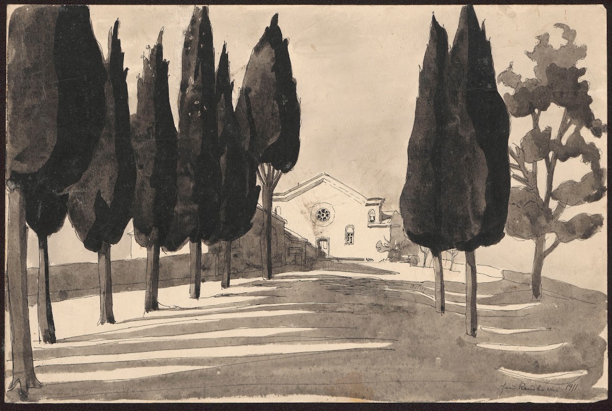 Landscape with an alley of trees leading to a church 1911