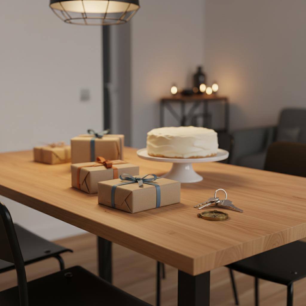 Intime Esstischszene mit Vanillekuchen und mehreren kleinen Geschenken im Fokus, feine Metallakzente sichtbar – last minute geschenkideen