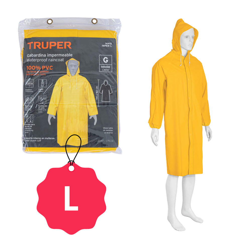 Gabardina Impermeable Doble Capa con Cierre y Botones y Capucha Ajustable Talla L Truper
