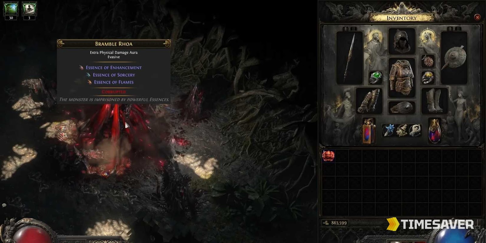 A Corrupted (red-tag) Essence monster in Path of Exile 2, showing the permanent Corrupted modifier