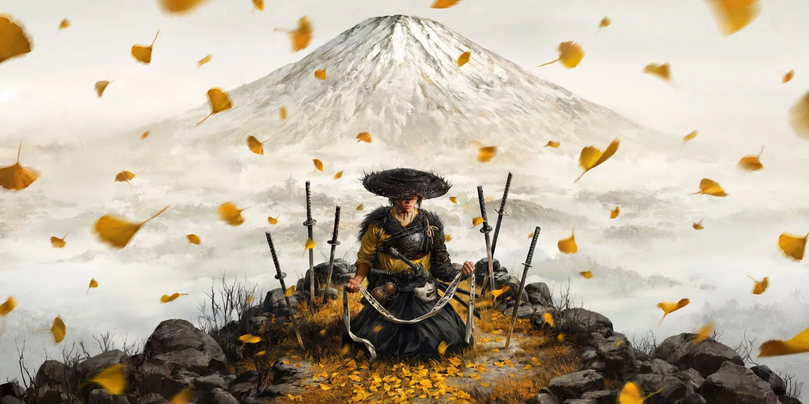 Ghost Of Tsushima Under Mount Fuji - Digital Illustration Art 4K Wallpaper (5120x2559)
