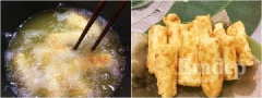 Đun sôi dầu ăn trong chảo, cho bánh vào chiên vàng giòn. Gắp bánh ra đĩa hoặc rây cho ráo dầu bớt.