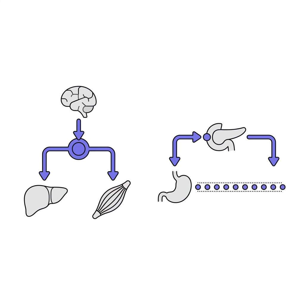Minimal vector infographic depicting sermorelin related hypothalamus pituitary growth hormone axis versus pancreas appetite regulation with white background and purple accents