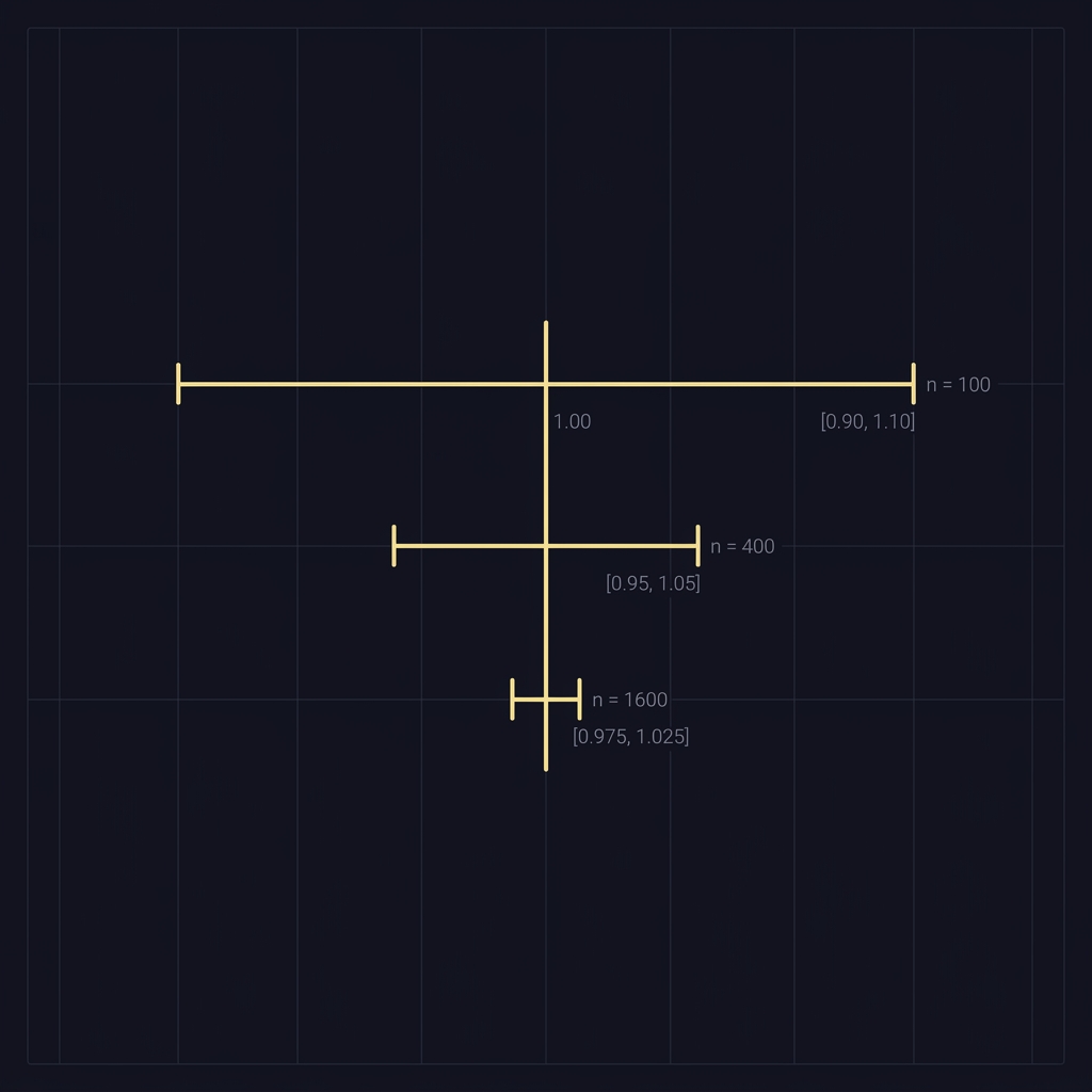 How Sample Size Affects Confidence full frame chart showing three horizontal confidence intervals for the same estimate at n 100 n 400 n 1600 widths halve as sample size quadruples on a dark Funded Plays brand background