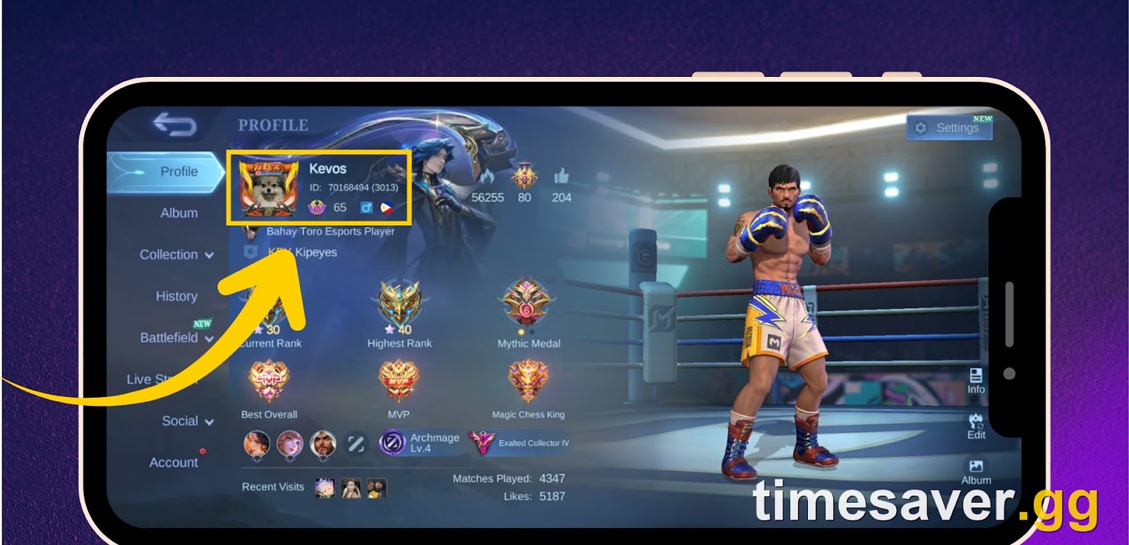 Mobile Legends profile screen with the User ID and Zone ID highlighted, showing where to find your Game ID