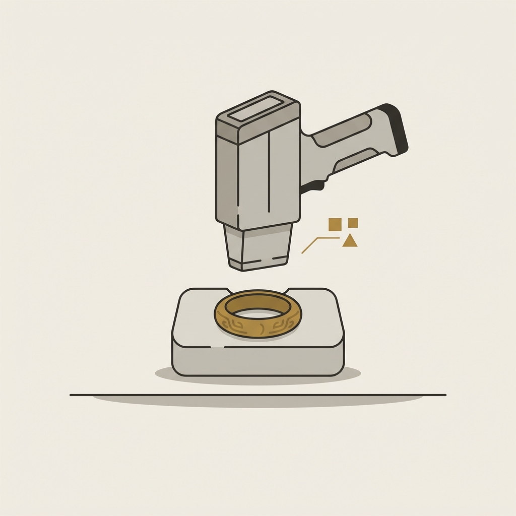 Minimalist 2D vector of a conservator bench with a handheld pXRF analyzing an ancient chinese ring on foam support in Aurora Antiqua colors ede7da c2bdb6 34332e ae8339
