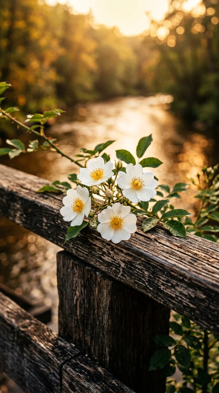 White Flowers on a Weathered Wooden Bridge over a Sunlit Creek - Free 8K and 4K mobile Wallpaper Background
