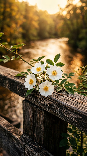 White Flowers on a Weathered Wooden Bridge over a Sunlit Creek - Free mobile Wallpaper