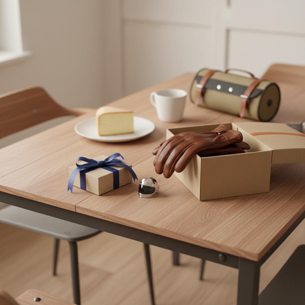 Geschenkideen für Motorradfahrer: minimalistischer Esstisch mit Geschenkboxen, Lederhandschuh, Helm-Anhänger und Stück Vanillekuchen in warmer, aufgeräumter Steelmonks-Ästhetik.