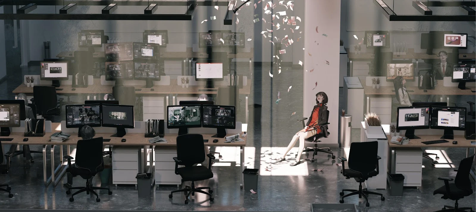 Money Falling In The Office - Digital Art Illustration 5K Wallpaper (7493x3336)