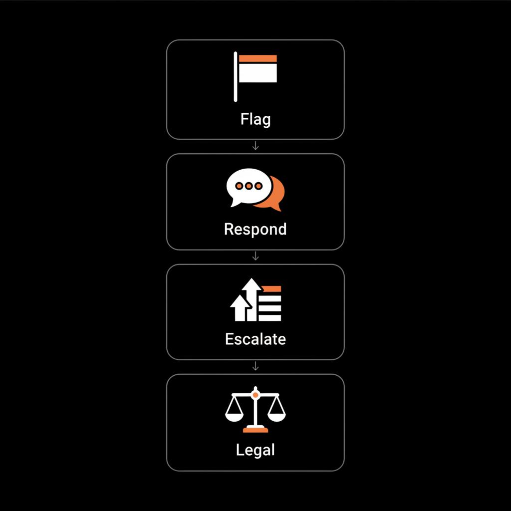 Vertical infographic flowchart to remove Google review showing steps Flag, Respond, Escalate, Legal on a black background with minimal vector icons and brand colors.