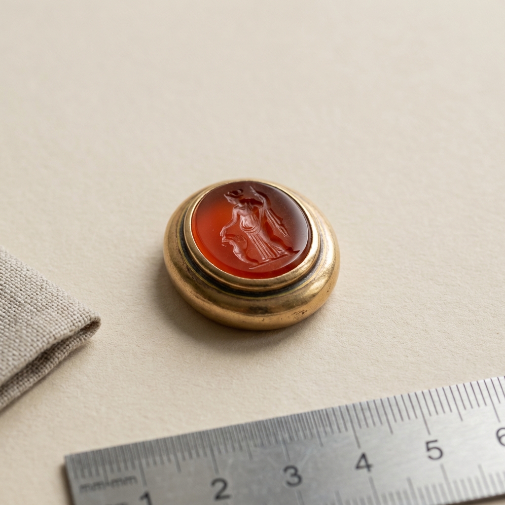 Macro photo of a carnelian intaglio set in a convex gold bezel with a ruler for scale on a soft beige background in Aurora Antiqua palette featuring old greek wedding rings