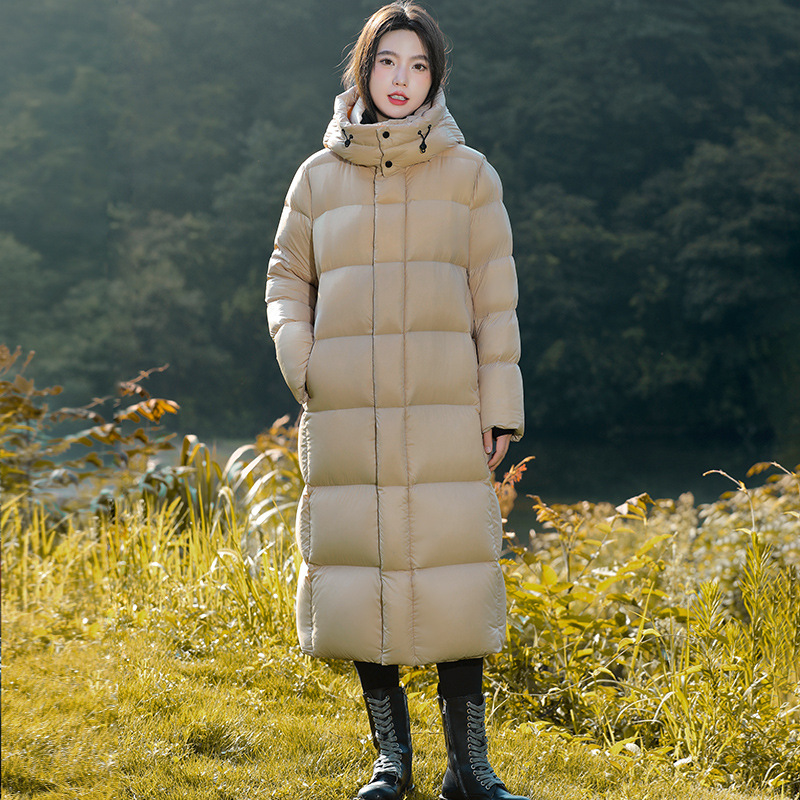 Long women's down coat with white goose down filling