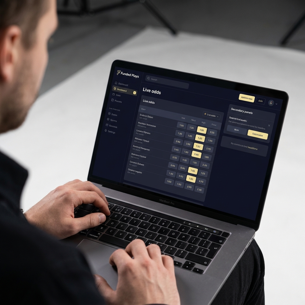 Close up of bettor scanning live odds on a laptop showing decimal prices and implied probability conversions in a minimalist Funded Plays style betting line movement