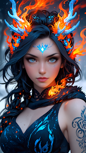 Woman with Fiery Antlers and Glowing Blue Markings