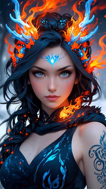 Woman with Fiery Antlers and Glowing Blue Markings - Free mobile Wallpaper