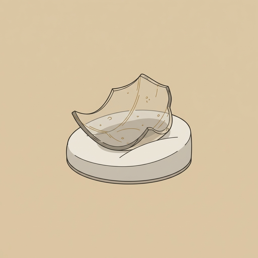 Minimalist 2D vector close up of a blown mould glass fragment with visible seams and small gas bubbles on an archival cradle in Aurora Antiqua palette roman glass jewelry