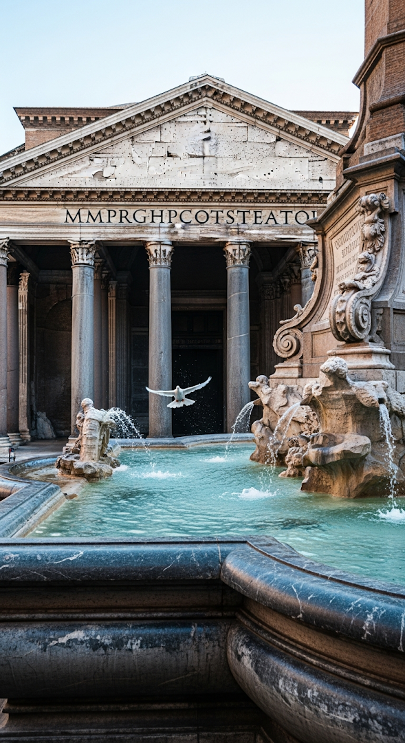 Low-Angle View of Pantheon and Fountain with a Dove in Flight Over Water