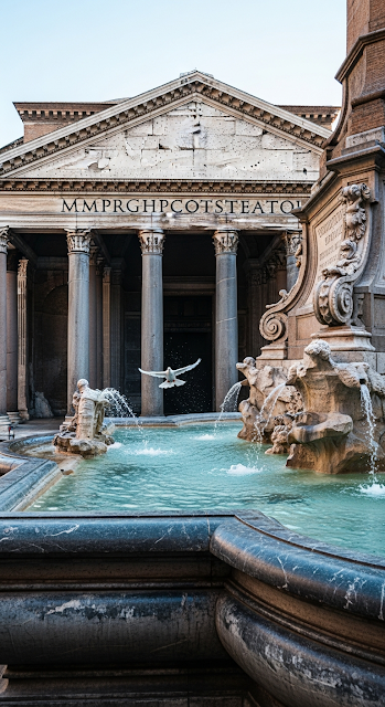 Low-Angle View of Pantheon and Fountain with a Dove in Flight Over Water - Free mobile Wallpaper